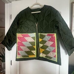 Vintage Green Quilted Jacket with Patchwork Pockets